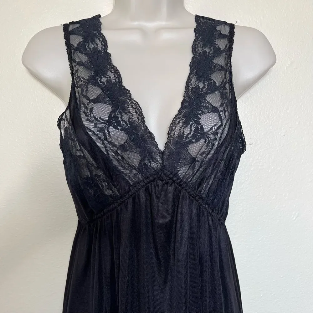 Vintage Texsheen Black Lace Nylon Long Nightgown Peignoir Chemise Women Small - Picture 5 of 14